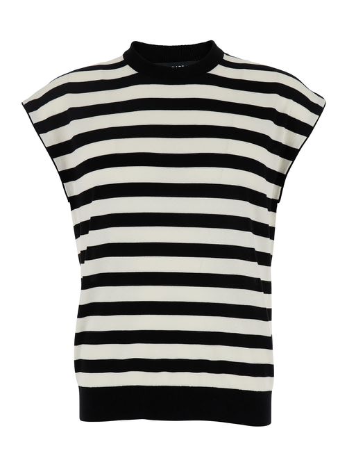 Black And White Sleeveless Top With Round Neck And All-over Strpied Motif In Cotton Woman
