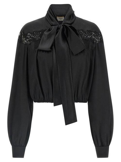 Lace-Trimmed Silk Blouse — Black