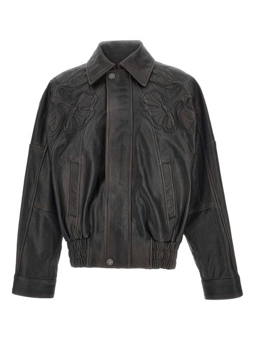 Women's Bomber Jacket in Nappa Leather with Floral Embroidery