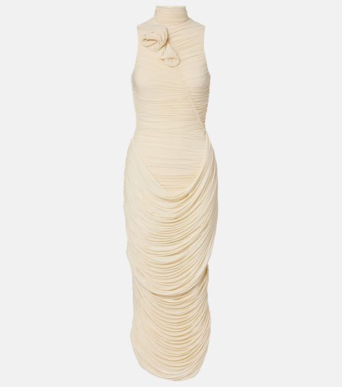 Floral-appliqué draped ruched gown