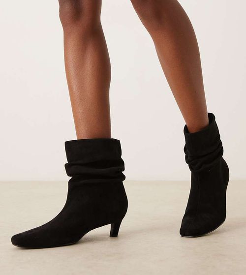 Kitten heel ruched mid ankle boots in black micro