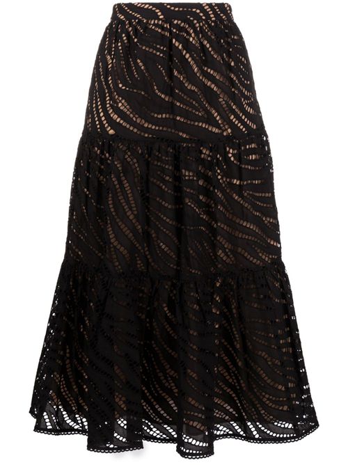 Embroidered tiered midi skirt - Black