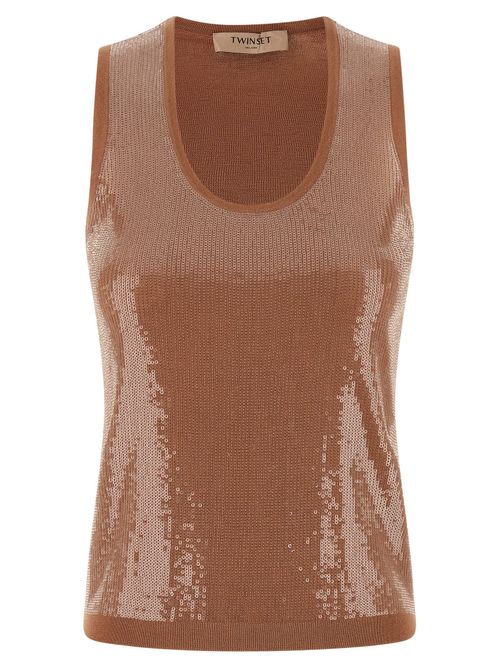 Sequin-Embellished Cotton-Blend Tank Top — Camel