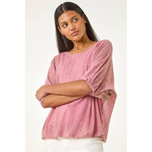 Roman Mesh Bubble Hem Stretch Top In Pink