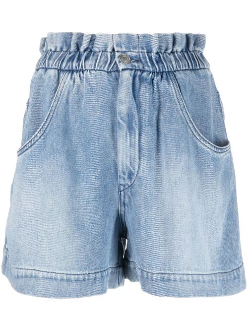 Gathered-wait denim shorts - Blue