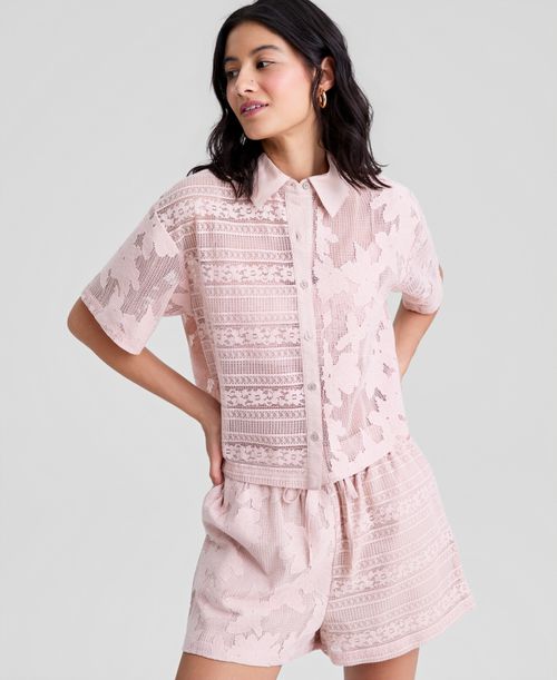 Petite Lace Short-Sleeve Camp Shirt, Macy's Exclusive - Coral