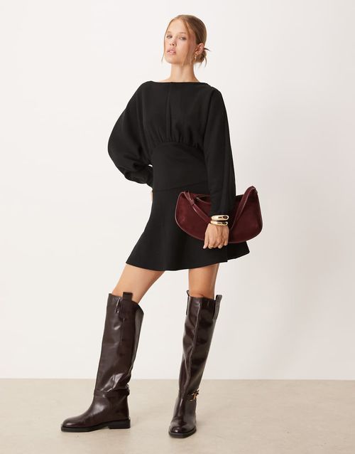 Supersoft slash neck blouson batwing mini dress in black