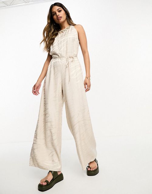Jumpsuit with trim neck detail in light beige print-Neutral