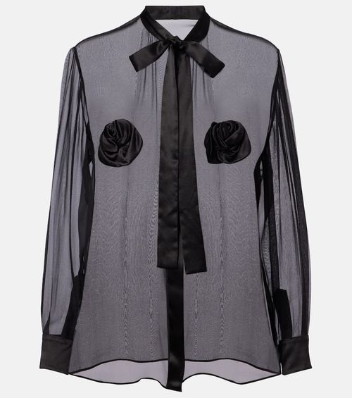 Floral-appliqué sheer silk shirt
