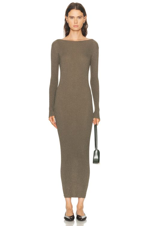 LESET Blake Rib Long Sleeve Maxi Dress in Moss - Olive. L also in M