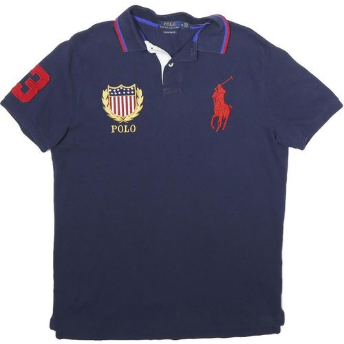 POLO RALPH LAUREN Mens Navy Blue Short Sleeve Shield Logo M Polo Shirt