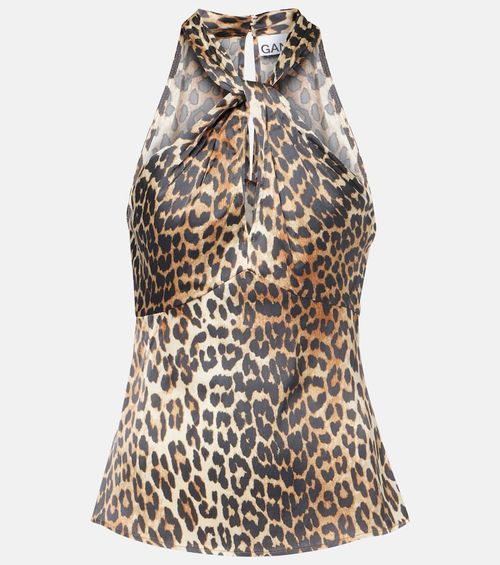 Leopard-print halterneck satin top