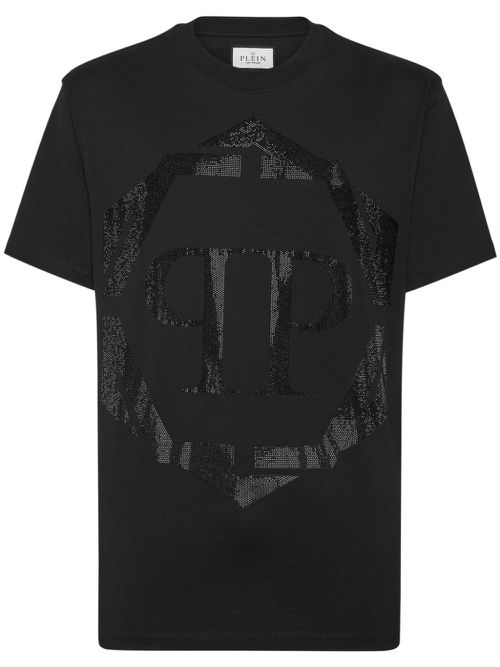 Rhinestone-logo cotton t-shirt - Black