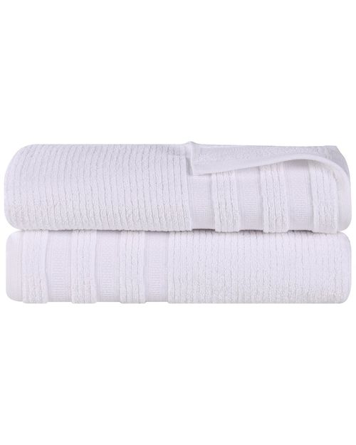 Superior Set of 2 Brea Zero Twist Cotton Ribbed Geometric Border Plush Bath Sheets
