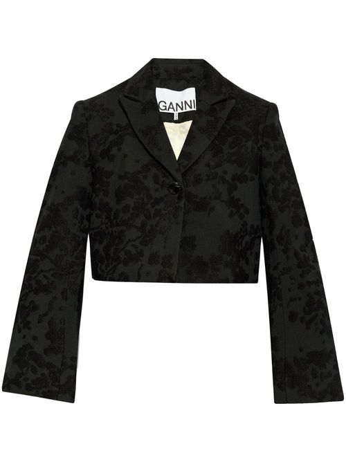 Floral-embroidered cropped blazer - Black