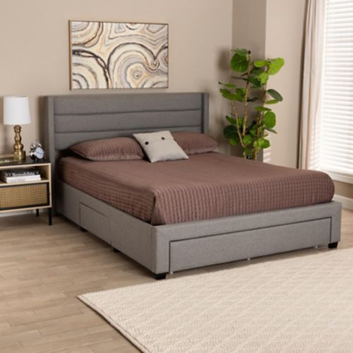 Baxton Studio Braylon Queen Panel Platform Bed with 3 Storage Drawers, Light Gray/Dark Brown