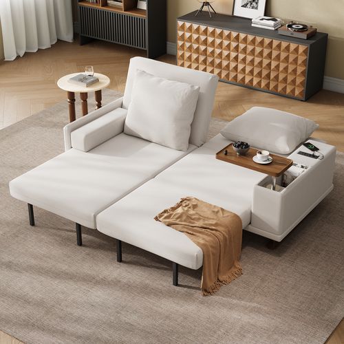 Ausziehbares Schlafsofa aus Samt in Beige mit Beistelltisch und Steckdose, 2-Sitzer Bettsofa, 200 × 190 cm