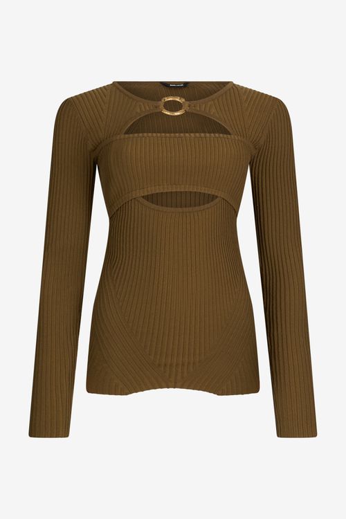 Olive Green Ribbed Cut-out Sweater