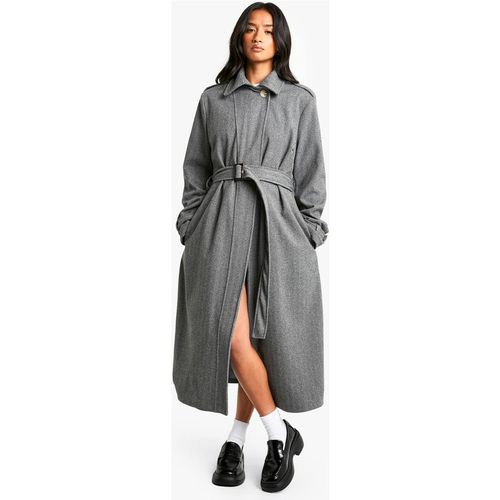 Boohoo Women's Petite Belted Herringbone Wool Look Coat in Grey