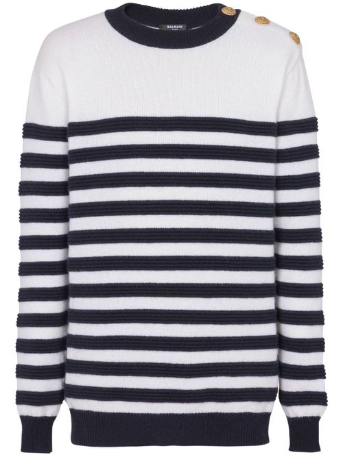 Button-detail striped cashmere jumper - White