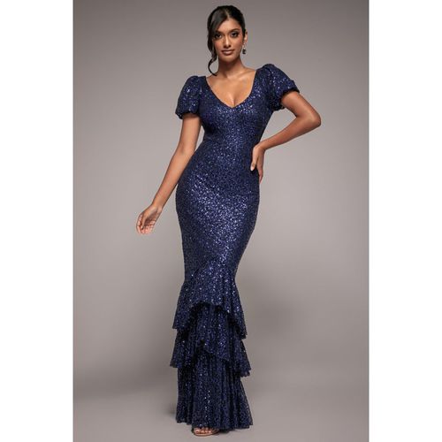 Goddiva Puff Sleeve Tiered Hem Maxi Dress - Navy