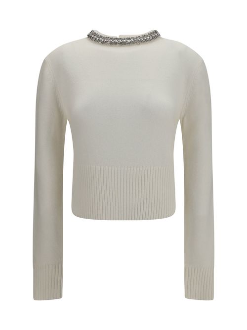 Rhinestone-Embellished Crew Neck Sweater — White