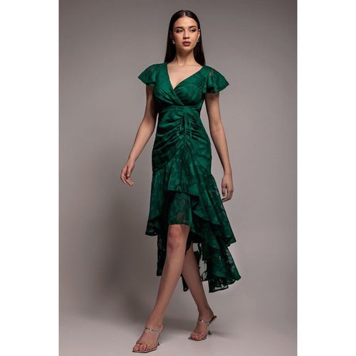 Jacquard Chiffon Wrap High Low Midaxi Dress - Emerald Green by Goddiva