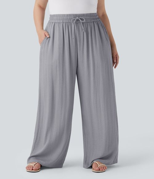 High Waisted Drawstring Linen-Feel Wide Leg Casual Plus Size Pants with Pockets  - Steel Gray