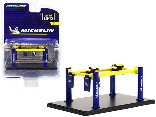 Adjustable Four-Post Lift "Michelin" Blue and Bright Yellow "Four-Post Lifts" Series 3 1/64 Diecast Model by 
