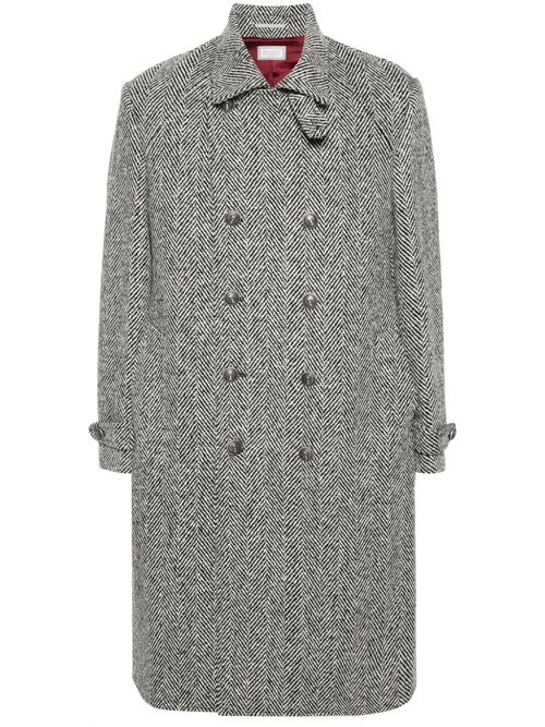 Herringbone-pattern double-breasted coat - Black