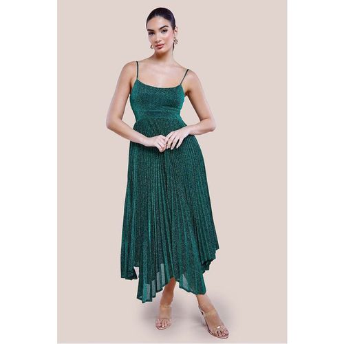 Goddiva Tie Back Pleated Lurex Skater Midi Dress - Emerald