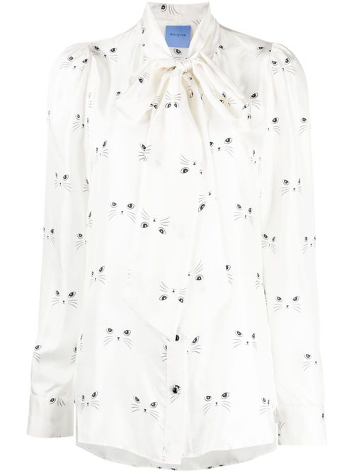 Cat-print silk-satin blouse - White