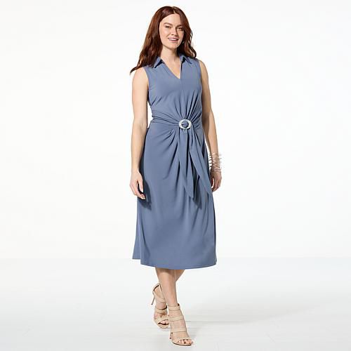 WynneCollection Matte Jersey Tie Front Dress - Dark Chambray