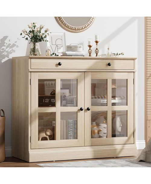 35.4 Inch Oak Sideboard Buffet Cabinet, Glass Door, Drawer Storage, Modern Dining Room, Kitchen Cabinet - Beige