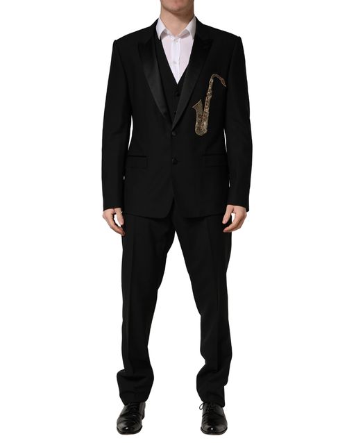 Wool Silk Saxophone Appliqué Pant Suit — Black
