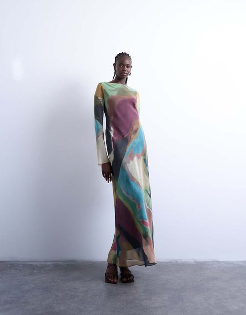 Slash neck chiffon maxi dress in abstract print-Multi