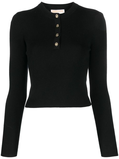 Button-fastening long-sleeve top - Black