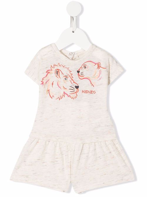 Lion-print knitted romper - Neutrals