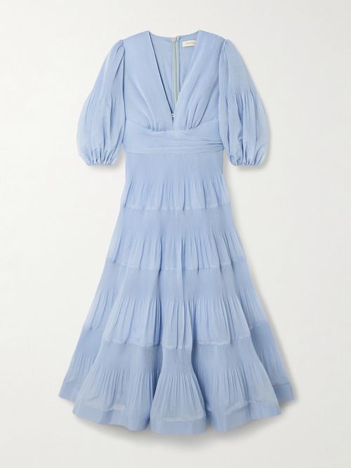 Tiered Plissé Silk-organza Midi Dress - Blue