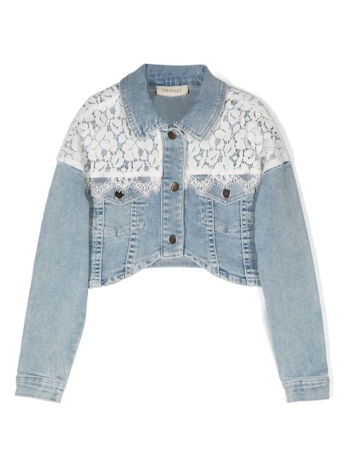 Lace-detailed cropped denim jacket - Blue