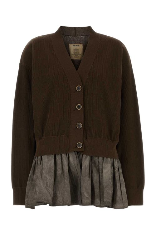 Cotton-Silk Blend Ribbed Cardigan — Brown