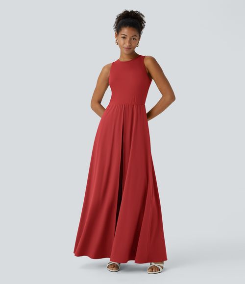 Breezeful™ Zipper Sleeveless Pocket Contrast Quick Dry Jumpsuit  - Pompeian Red