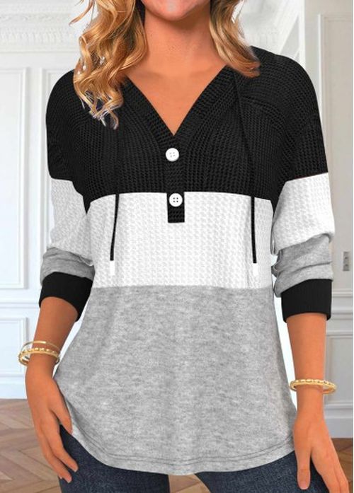 Modlily Black Patchwork Long Sleeve Contrast Hoodie