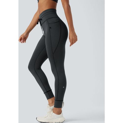 Halara High Waisted Drawstring Striped Yoga Leggings with Pockets - Steel Stripe