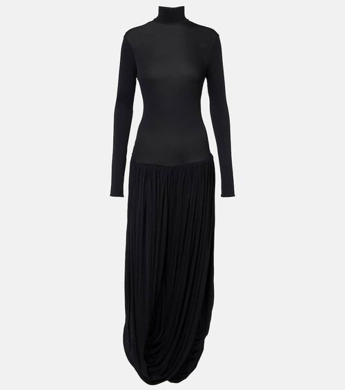 Asymmetric pleated turtleneck maxi dress