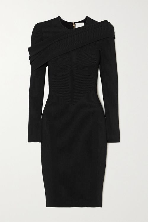 Mybody Draped Ribbed Stretch-knit Dress - Black