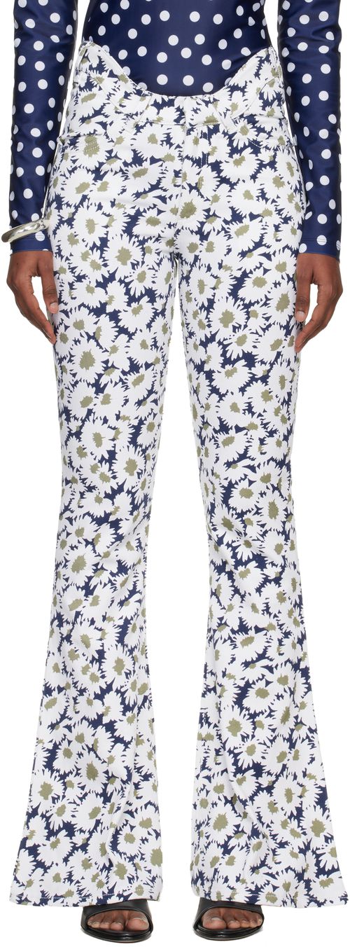 White & Navy 'The Curved Flower' Jeans