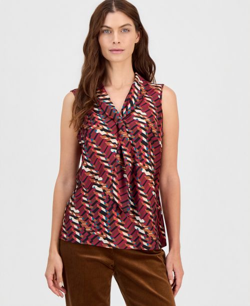 Asl Petites Sailor Tie Sleeveless V-Neck Geometric Blouse - Cranberry Multi