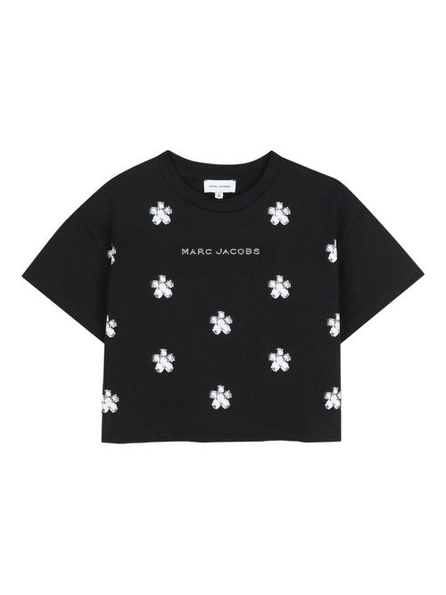 Floral-embroidered cropped t-shirt - Black