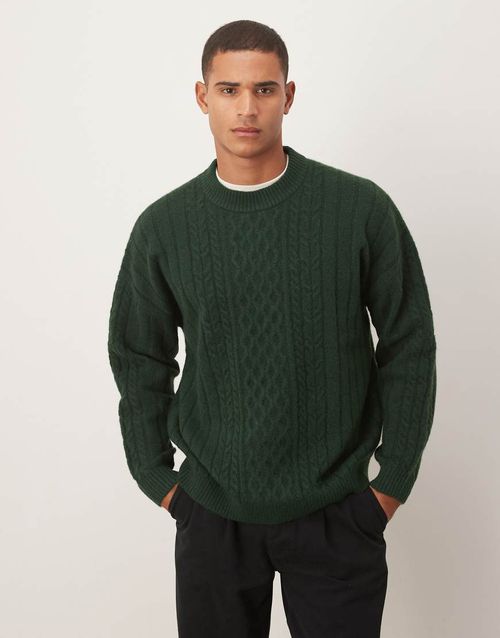 Oversized cable knit crew neck sweater in dark green